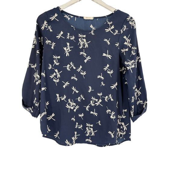 2/$30 EVERLY Top Size S Navy Blue Dragonfly Blouse 3/4 Sleeve Relaxed Fit - Picture 3 of 6